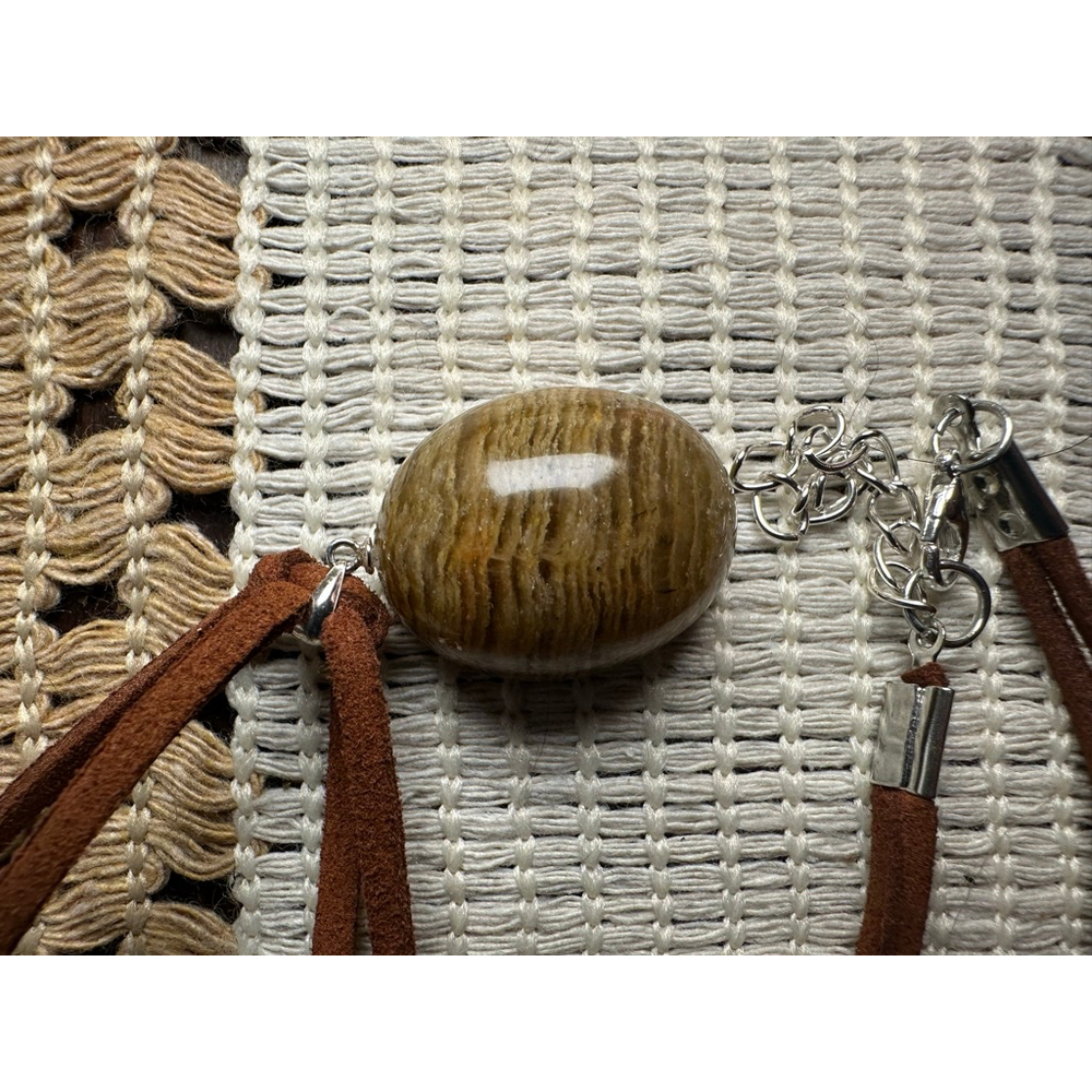 Oval Thousand Layer Garden Quartz Pendant Necklace on Brown Faux Suede - Picture 9 of 10